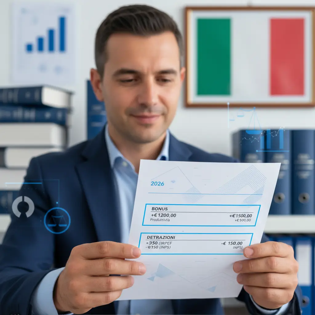Uomo in ufficio che consulta documenti ufficiali, immagine legata al bonus lavoratori 2026 e alle procedure amministrative.