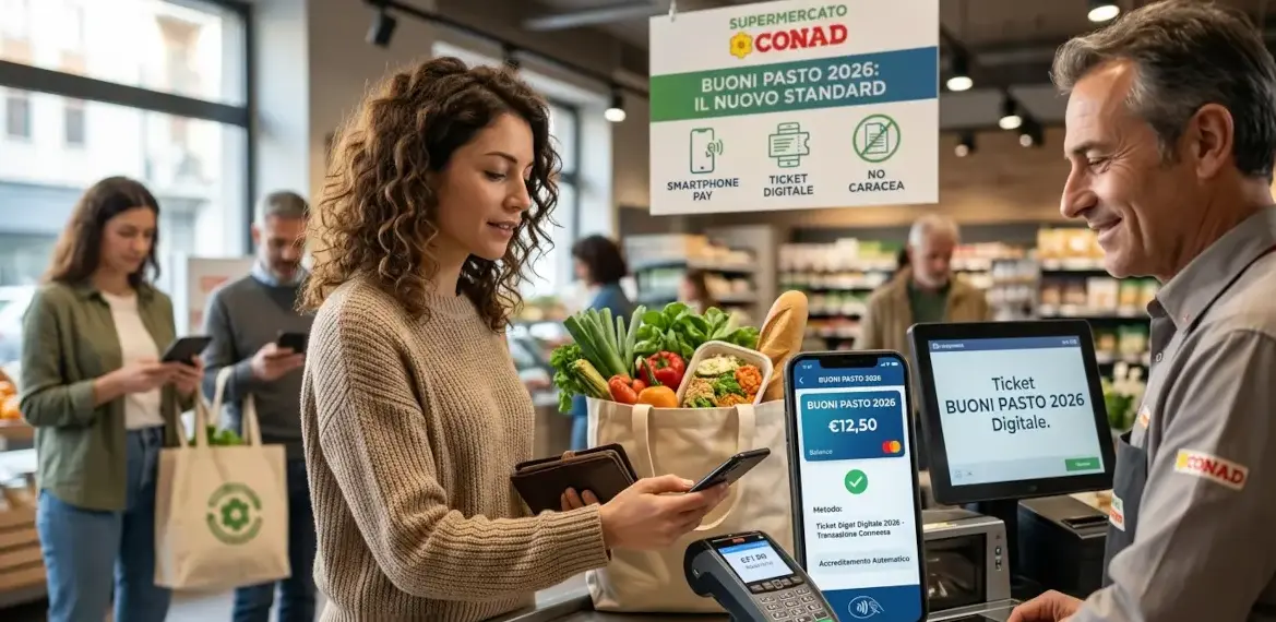 Donna paga la spesa con buoni pasto 2026 via smartphone in un supermercato. Sullo sfondo cartello con nuove regole.