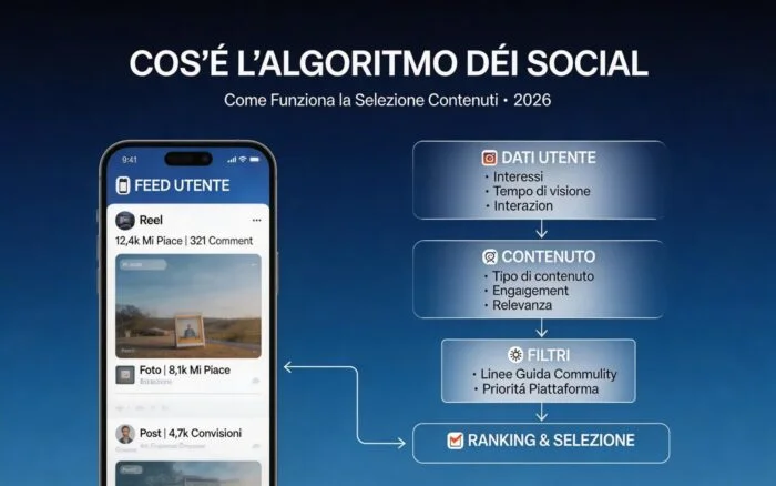 Cos’è l’Algoritmo dei Social: schema 2026 che mostra dati utente, contenuti, filtri e ranking nella selezione dei post.”