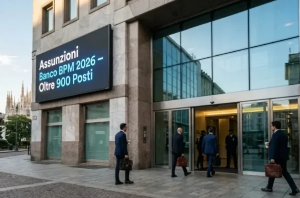 Persone in abiti professionali entrano in un moderno edificio con facciata in vetro, mentre un display digitale annuncia ‘Assunzioni Banco BPM 2026 – Oltre 900 Posti