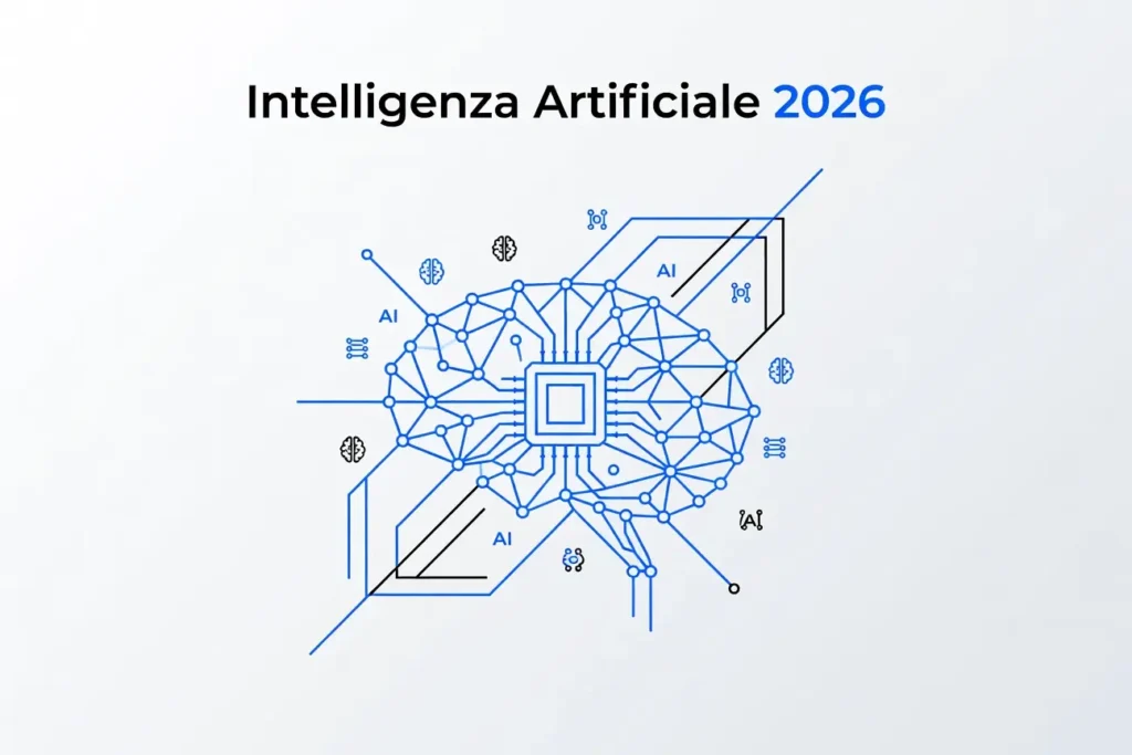 Illustrazione sull’intelligenza-artificiale-2026 con cervello digitale e microchip centrale che rappresentano reti e processi tecnologici.