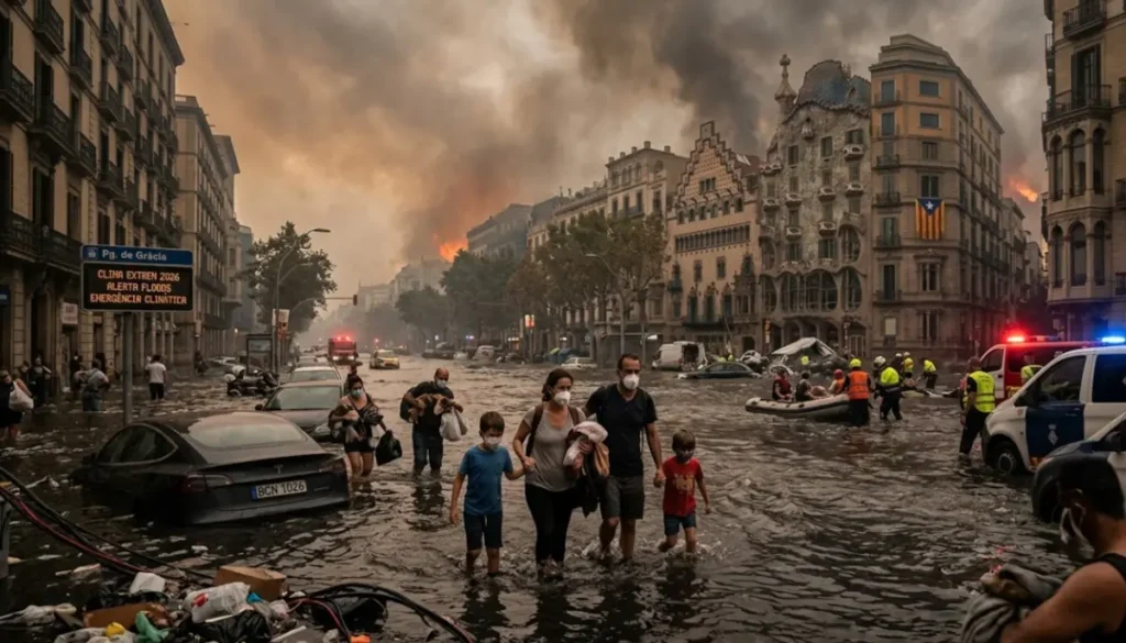 cambiamneto climatico 2026 :Barcellona nel 2026: persone camminano nell'acqua alta, auto sommerse e incendi sullo sfondo.