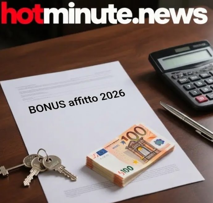 Bonus affitto 2026 con documenti, chiavi, denaro e calcolatrice su tavolo.