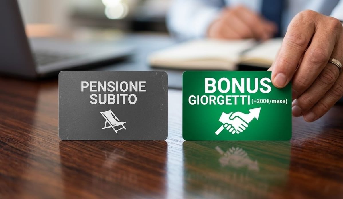 Confronto tra cartellino grigio "Pensione subito" e verde "Bonus Giorgetti +200 euro" su tavolo in legno.