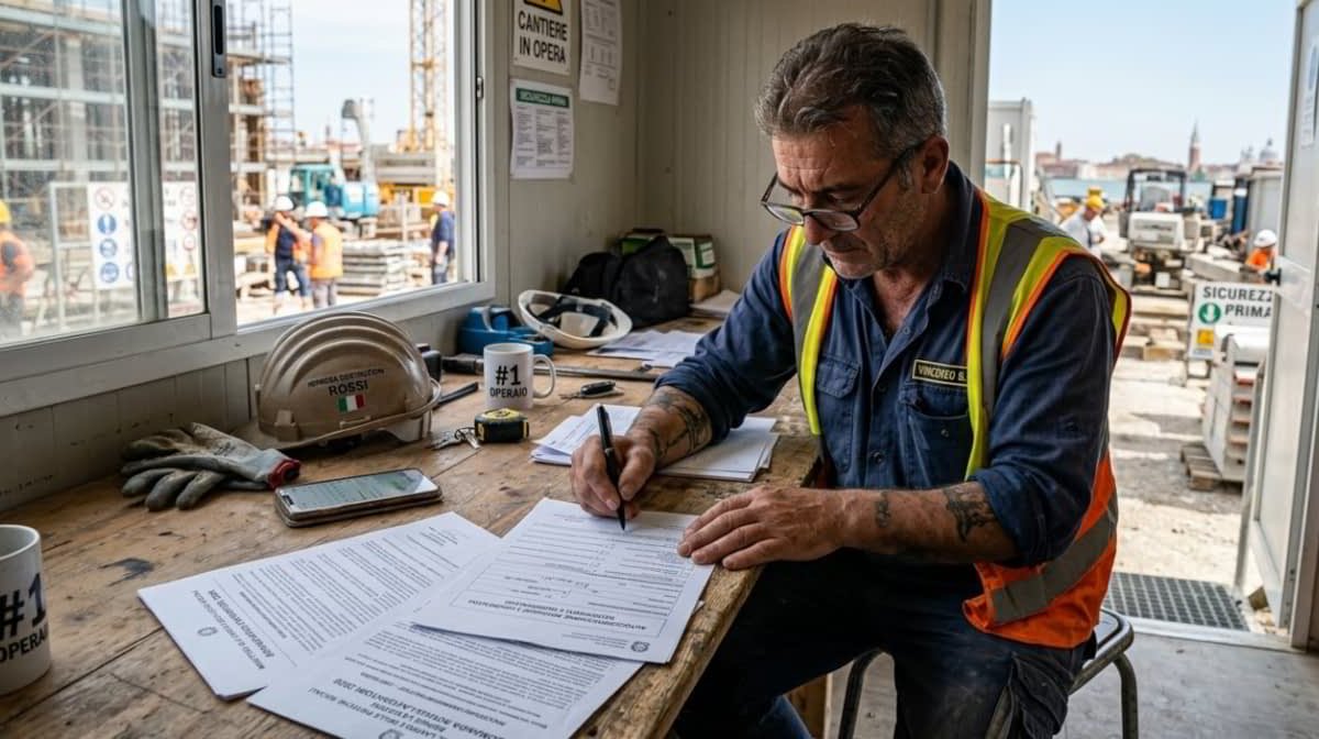 Operaio in ufficio di cantiere che compila documenti, immagine collegata al bonus lavoratori 2026 e alle procedure richieste.