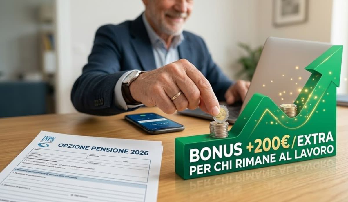 Documento bonus Pensione 2026 accanto a un grafico verde con la scritta "BONUS +200€ EXTRA". Una mano matura aggiunge monete Euro su un tavolo di legno.