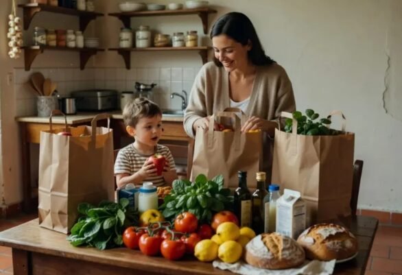 Donna e bambino che sistemano la spesa in cucina, con prodotti freschi sul tavolo, in un contesto legato al Bonus spesa 2026.