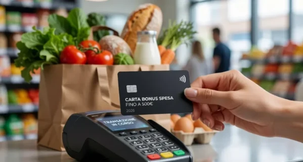 Pagamento contactless alla cassa del supermercato durante l’utilizzo dei fondi del Bonus spesa 2026, con busta della spesa piena di alimenti freschi sullo sfondo.