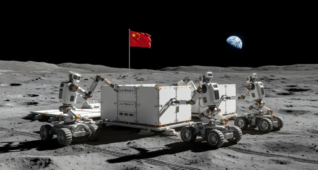 Base lunare cinese con astronauti e robot al lavoro sulla superficie della Luna, parte del programma spaziale della Cina.