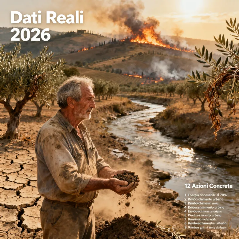 cambiamento climatico Un agricoltore anziano osserva con tristezza una manciata di terra secca davanti a un ruscello quasi prosciugato, con colline in fiamme