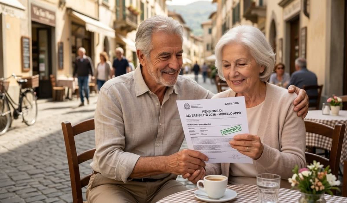 Coppia di anziani seduta a un tavolo all'aperto che legge un documento approvato relativo alla Pensione di reversibilità 2026.