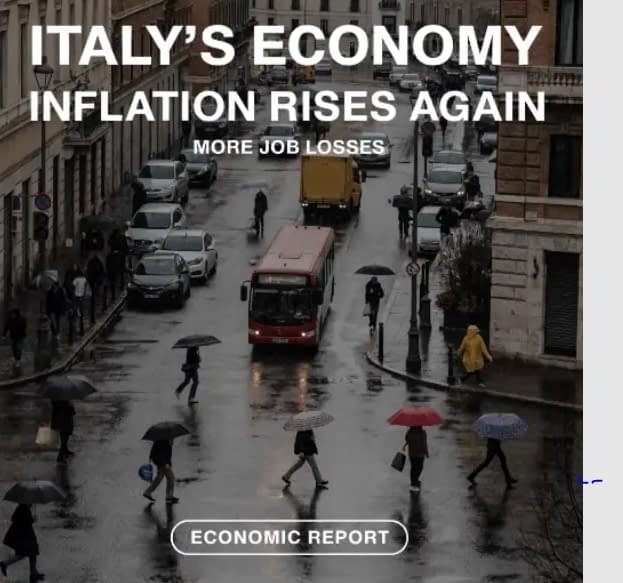 Economia italiana: bus rosso, passanti con ombrelli. Testo: "Italy's Economy: Inflation Rises Again - More Job Losses - Economic Report"