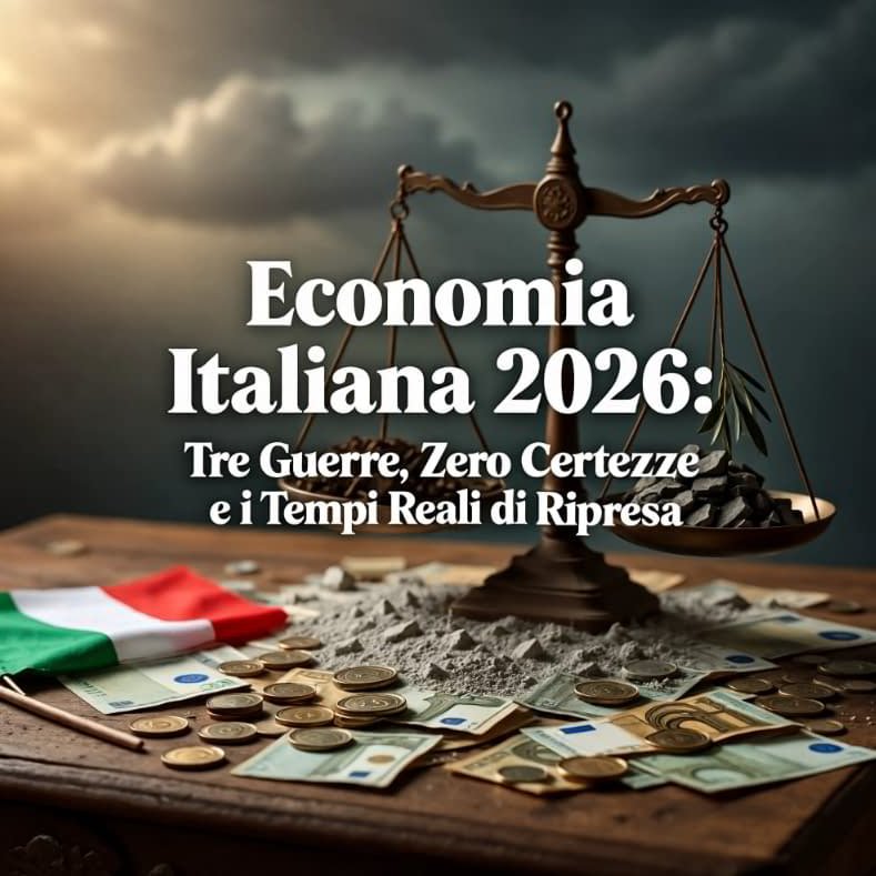 Bilancia simbolica dell’economia italiana nel 2026 con monete, banconote, pietre e un ramo d’ulivo su un tavolo, accanto alla bandiera italiana, in un contesto scuro che suggerisce incertezza.