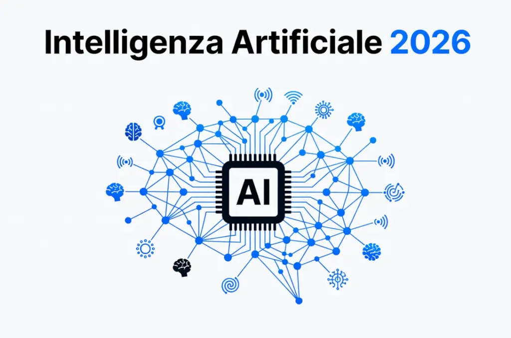 Grafica sull’intelligenza-artificiale-2026 con chip AI centrale e icone tecnologiche collegate che rappresentano vari settori digitali.