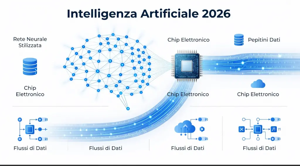 Infografica sull’intelligenza-artificiale-2026 con le principali applicazioni dell’AI: software, cybersecurity, big data, robotica e NLP.