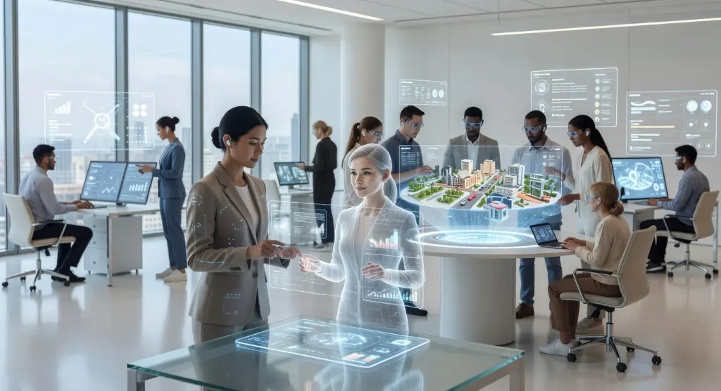 Team in ufficio high-tech che analizza dati su display digitali, simbolo dell’evoluzione dell’intelligenza-artificiale-2026.