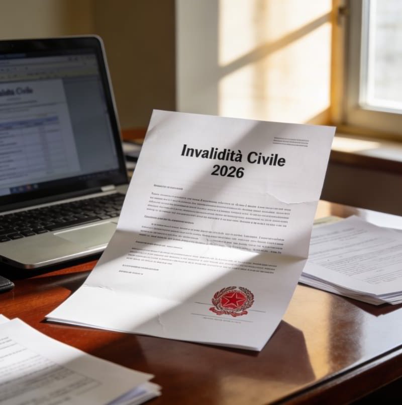 Documento ufficiale su Invalidità Civile 2026 con laptop e tabelle INPS sulla scrivania.
