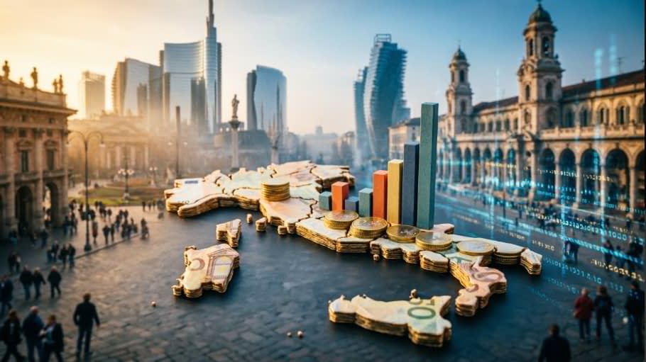 Economia italiana Mappa 3D dell'Italia fatta di banconote con sopra grafici a barre e monete, sullo sfondo di una piazza italiana moderna con grattacieli e flussi di dati digitali.