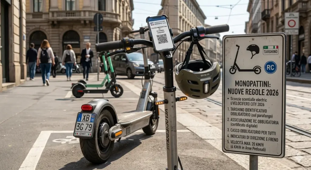 Monopattino con targa, casco e assicurazione digitale a Milano. Cartello con le nuove regole per il 2026.