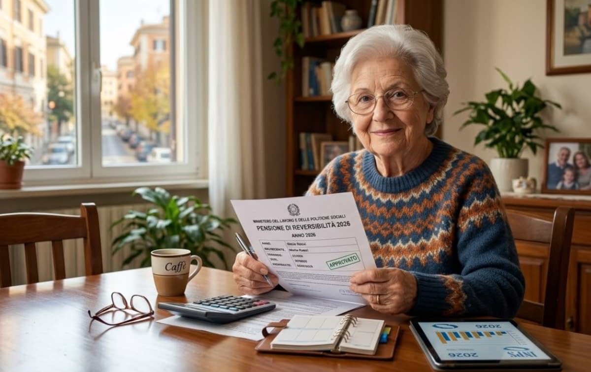 Anziana sorridente con documento 'Pensione di Reversibilità 2026' approvato.