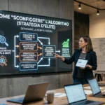 Presentazione aziendale su strategia SEO e social media durante una riunione.
