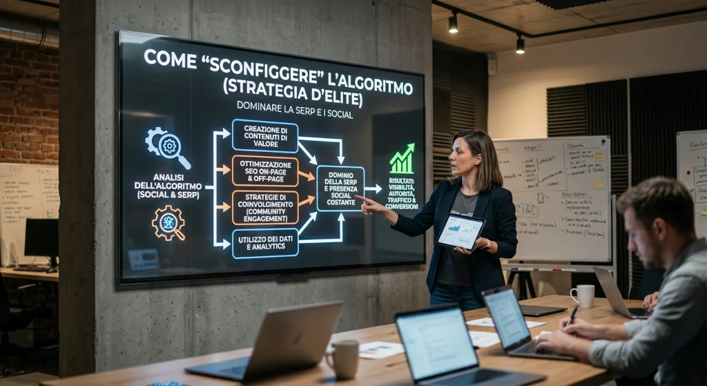 Presentazione aziendale su strategia SEO e social media durante una riunione.