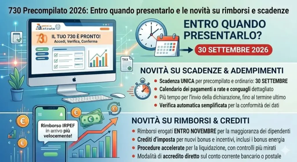 Laptop con pagina 730 precompilato 2026 e pulsanti per inviare la dichiarazione e calcolare i rimborsi.