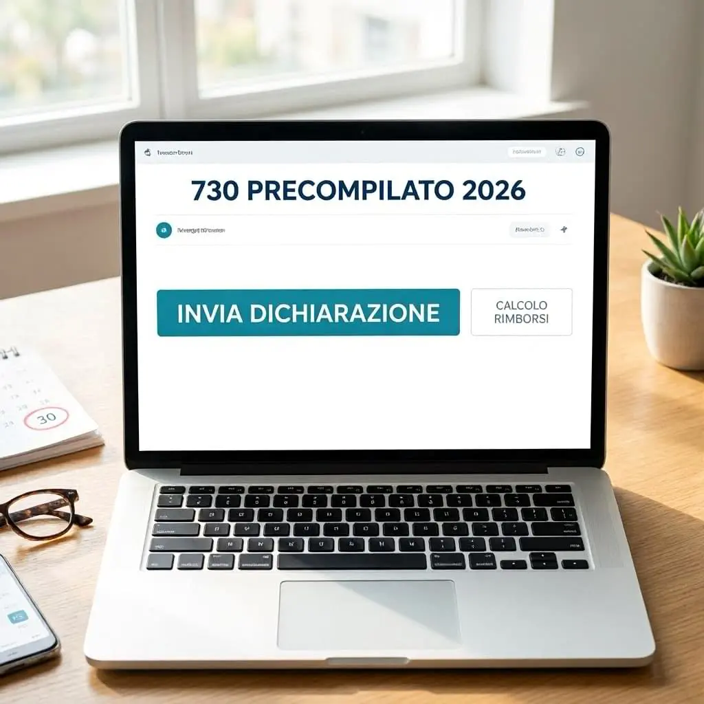 Schermata 730 precompilato 2026 entro quando su laptop con pulsanti invia dichiarazione e calcolo rimborsi.