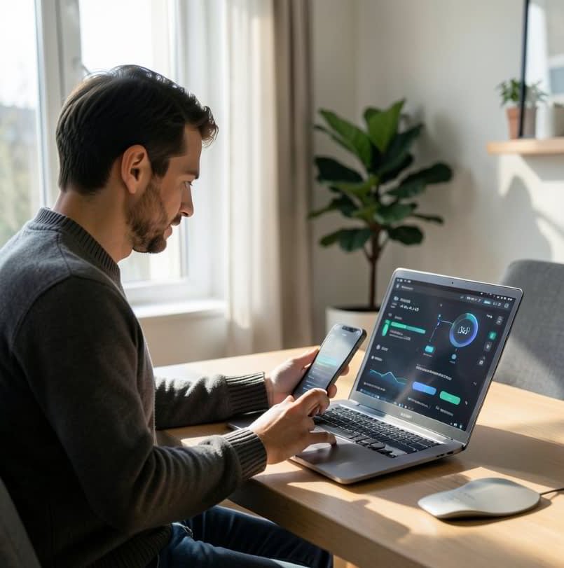 Come l'AI è già nella tua vita quotidiana 2026: persona che usa smartphone e laptop con dashboard dati in un ambiente domestico realistico”