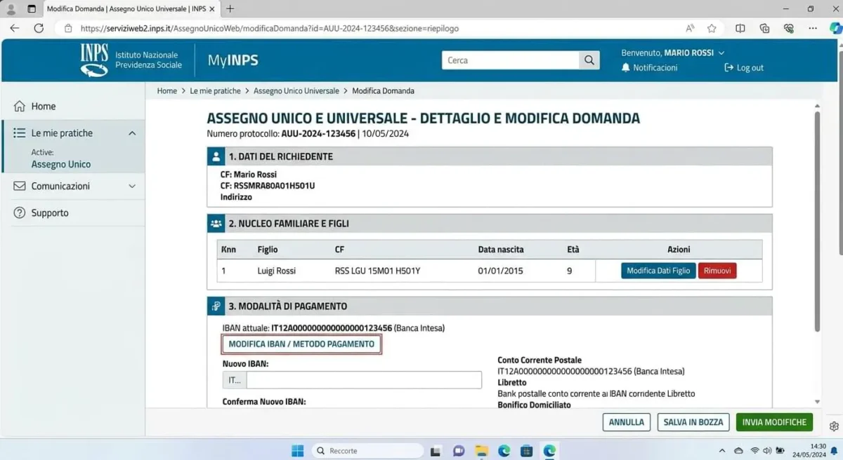 modificare domanda Assegno Unico aggiornamento dati domanda e metodo di pagamento su portale INPS.