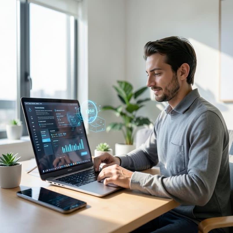 I migliori strumenti AI gratuiti Persona alla scrivania che usa l’AI nella vita quotidiana con laptop e dashboard dati