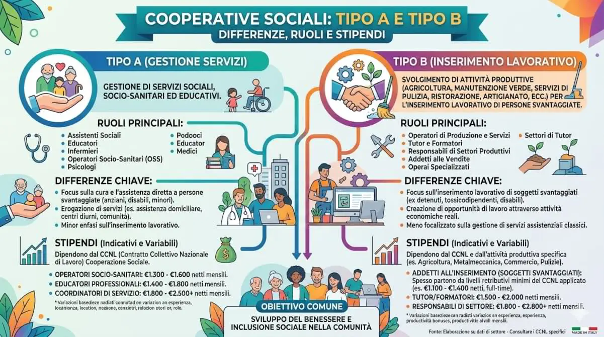 Infografica che confronta Cooperative Sociali di Tipo A e Tipo B, con ruoli principali, differenze operative e stipendi medi: servizi socio‑assistenziali per il Tipo A e inserimento lavorativo in attività produttive per il Tipo B."