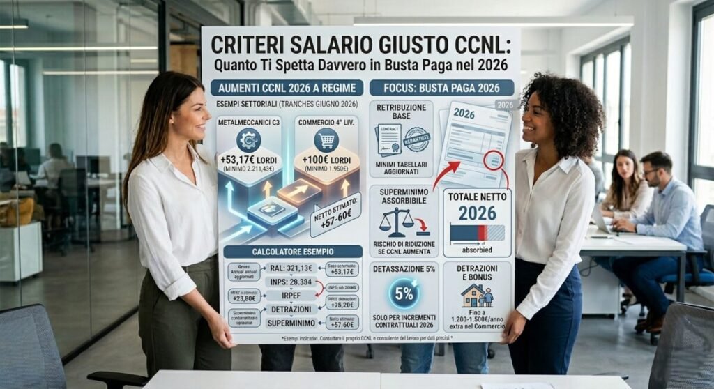 Poster informativo sui Criteri del Salario Giusto CCNL 2026 con esempi di aumenti, calcoli in busta paga e focus su minimi, superminimi e detassazione
