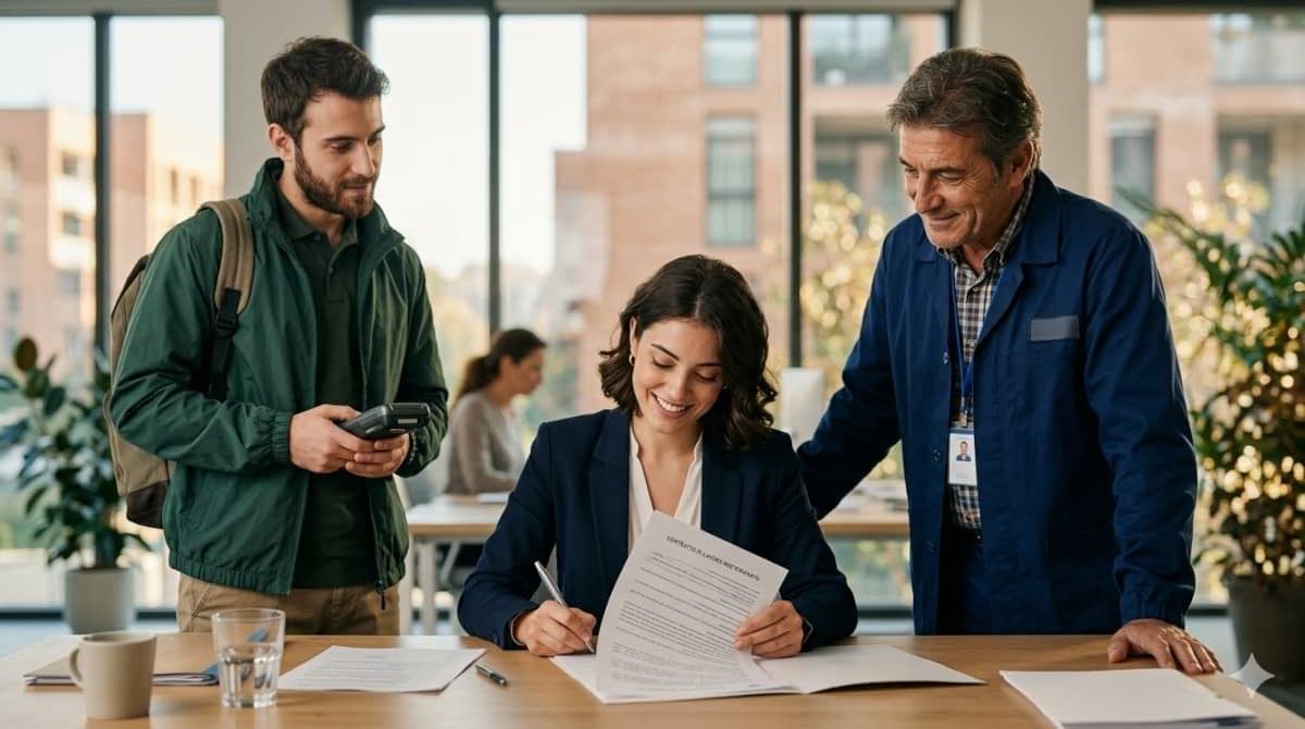 Tre persone in ufficio durante la firma di un contratto di lavoro, simbolo delle nuove assunzioni incentivate dal Decreto Primo Maggio 2026.