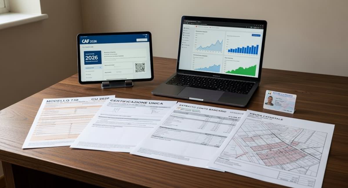 Documenti necessari per l’ISEE 2026, tra modello 730, CU, estratto conto bancario, visura catastale e tessera identificativa.