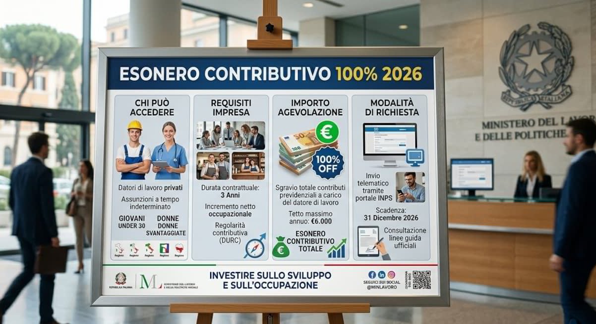 Poster informativo del Ministero del Lavoro sull’Esonero Contributivo 100% 2026 con requisiti, importi e modalità di richiesta