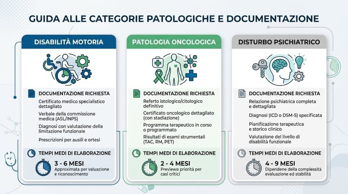 Guida alle categorie patologiche e documentazione richiesta: disabilità motoria, patologia oncologica e disturbo psichiatrico con relativi certificati, referti e tempi medi di elaborazione.
