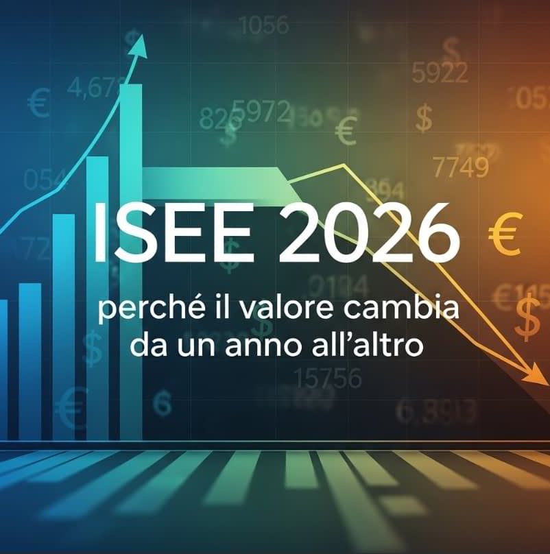 Infografica che spiega l’ISEE 2026: perché il valore cambia da un anno all’altro, con grafici e variazioni economiche.