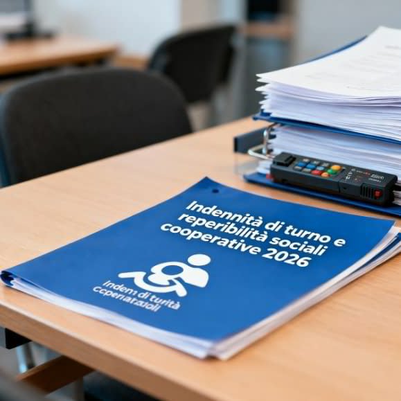 Guida alle indennità di turno e reperibilità nel CCNL Cooperative Sociali 2026, documento informativo su scrivania d'ufficio per il calcolo delle maggiorazioni in busta paga."