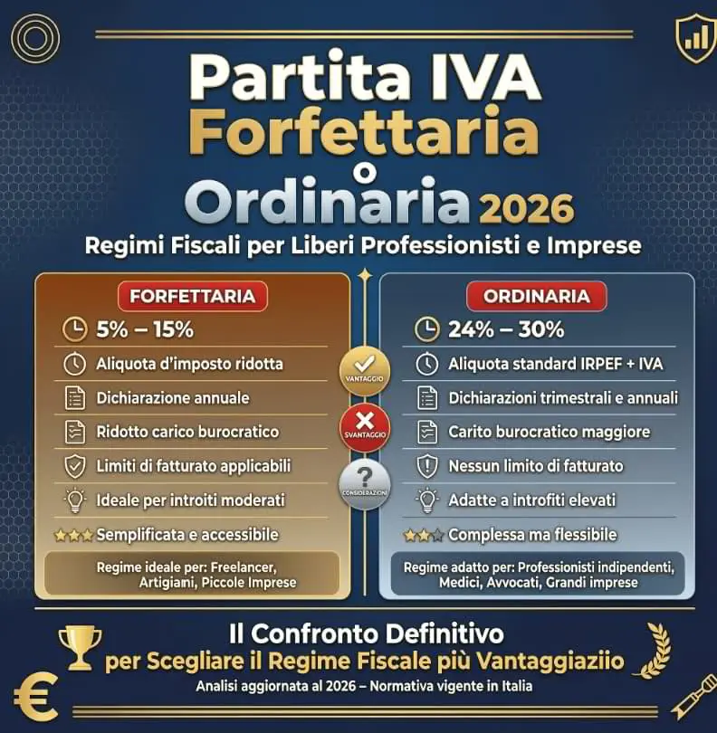 Infografica comparativa tra Partita IVA Forfettaria o Ordinaria 2026. La tabella evidenzia differenze su tasse, burocrazia e limiti di fatturato per professionisti e imprese in Italia.