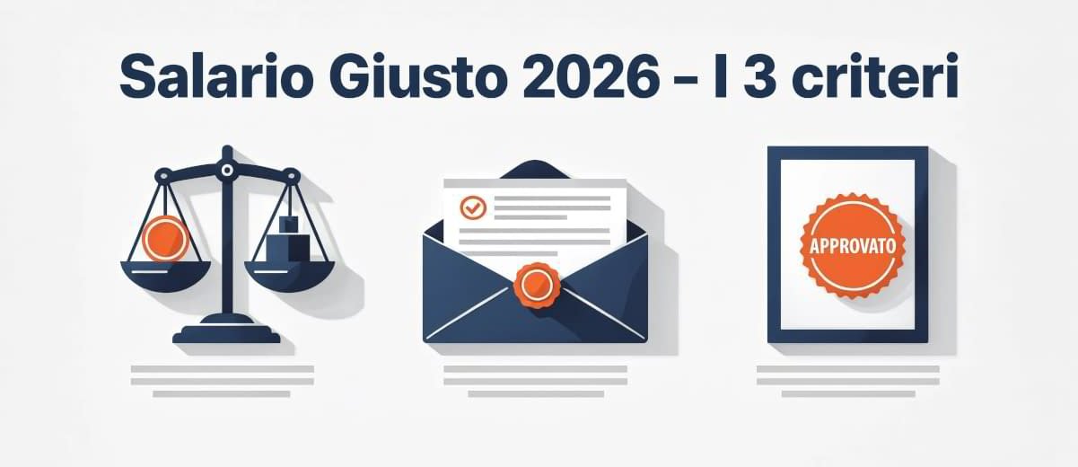 Icone dei tre criteri del Salario Giusto 2026: equità, verifica documentale e approvazione finale