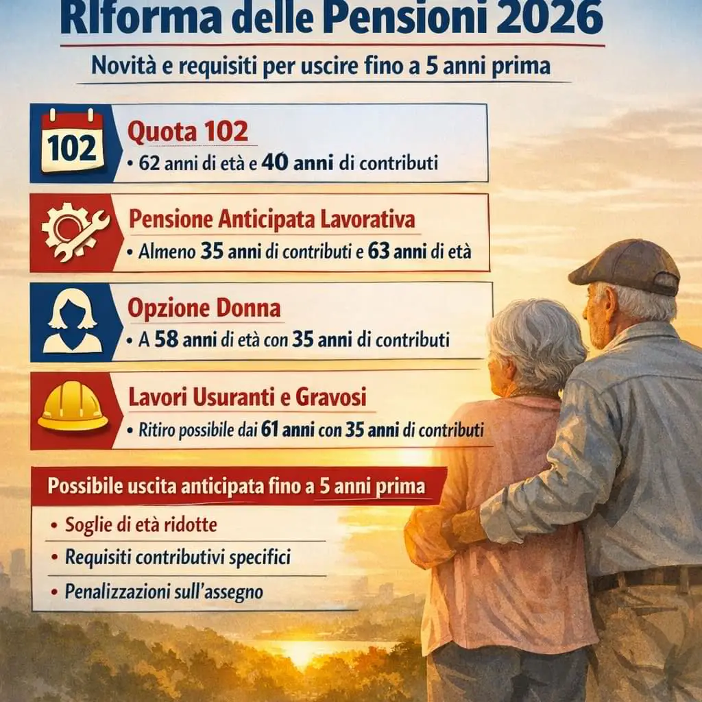 Infografica sulla riforma pensioni 2026 con spiegazione di Quota 102, pensione anticipata, opzione donna e uscita fino a 5 anni prima.