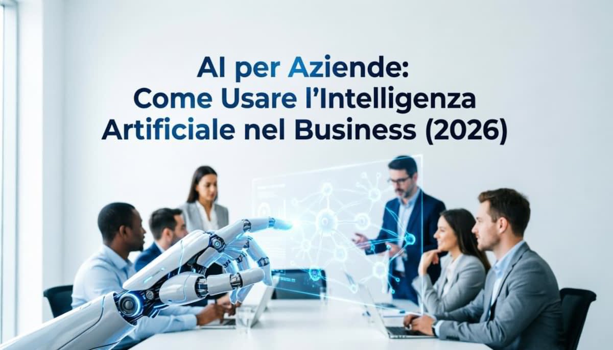 AI per aziende 2026 con team in riunione, braccio robotico e interfaccia olografica di rete dati”