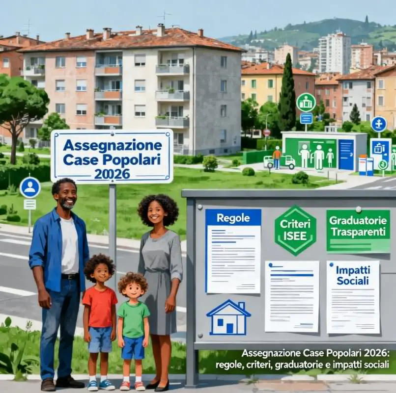 Famiglia davanti a un complesso di edilizia popolare con pannello informativo sulle assegnazioni case popolari 2026.