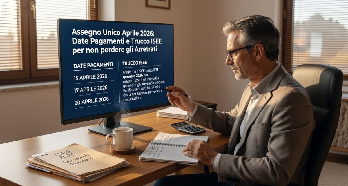 Assegno Unico aprile 2026, date dei pagamenti e aggiornamento ISEE sullo schermo di un computer.