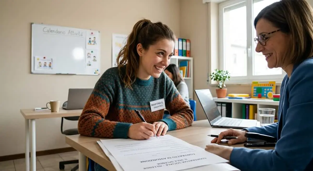 "Colloquio di selezione nelle cooperative sociali con educatrice e candidato che valutano documenti e competenze professionali.