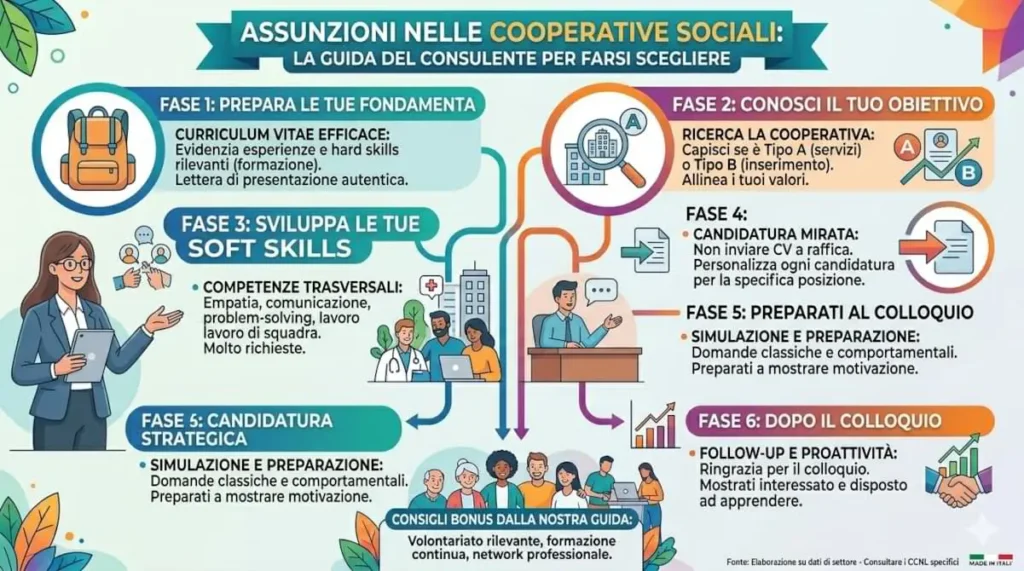 Infografica sulle assunzioni nelle cooperative sociali con le fasi per prepararsi, candidarsi e presentarsi in modo efficace per aumentare le possibilità di essere scelti.