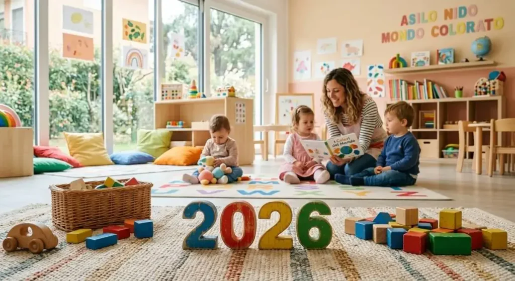 Bambini e educatrice in un asilo nido colorato mentre leggono un libro, immagine per articolo sul bonus asilo 2026.
