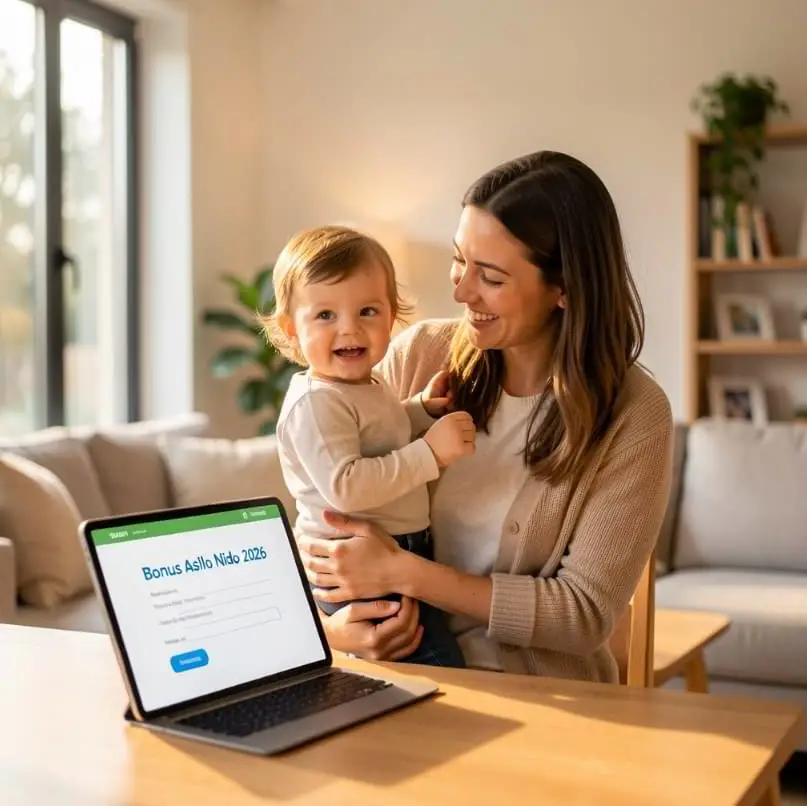Genitore con bambino che compila online la domanda per il bonus asilo 2026 su un laptop.