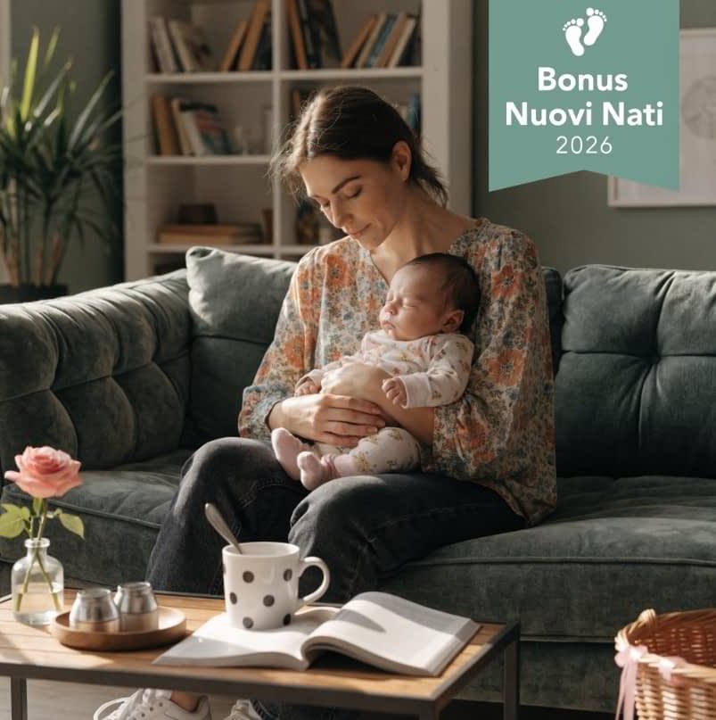 Bonus Nuovi Nati 2026. Mamma seduta sul divano con neonato in braccio  